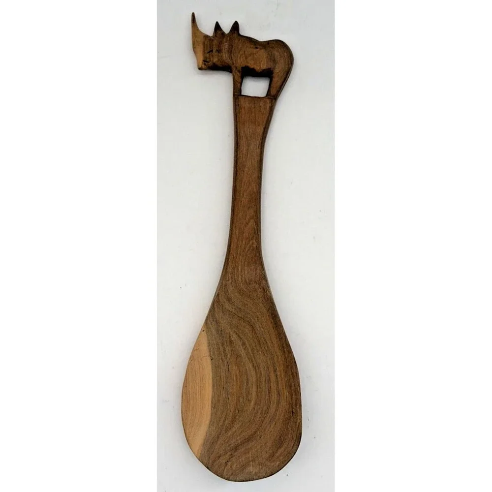 Vintage Hand Carved African Wood Rhinoceros Salad Server Set Black & White Rhino